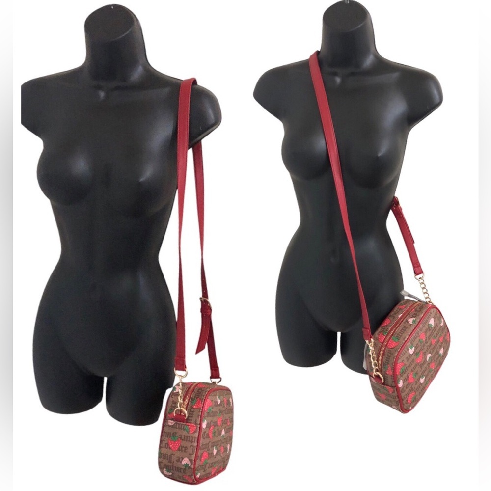 Juicy Couture brown canvas strawberry print crossbody bag with strawberry charm